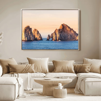 Framed canvas of El Arco rock formation in Cabo San Lucas at golden hour, ideal for coastal landmark or ocean-inspired decor.