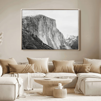 Monochrome canvas of El Capitan’s granite wall in Yosemite with snowy peaks, ideal for dramatic mountain or black-and-white nature decor.