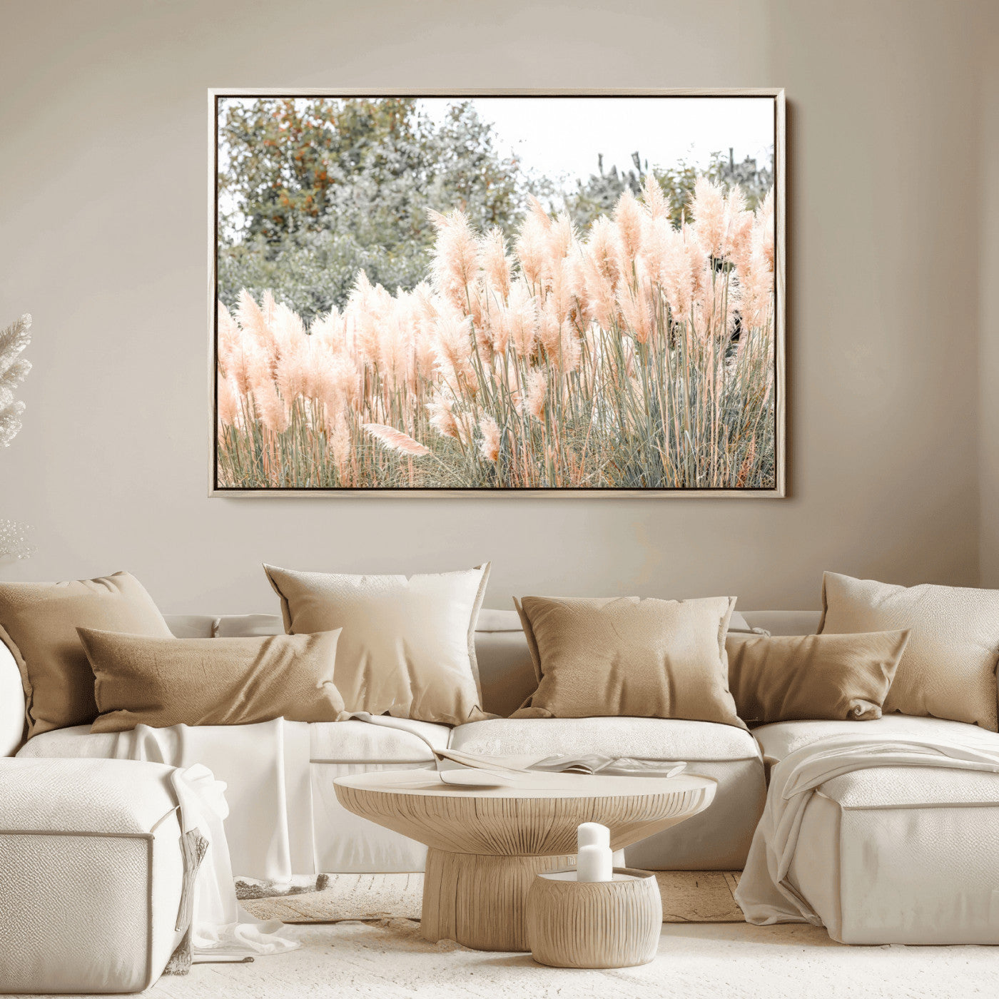 Soft pastel pampas grasses in a natural setting, ideal for neutral boho or rustic botanical-style interior wall decoration.