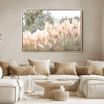 Soft pastel pampas grasses in a natural setting, ideal for neutral boho or rustic botanical-style interior wall decoration.
