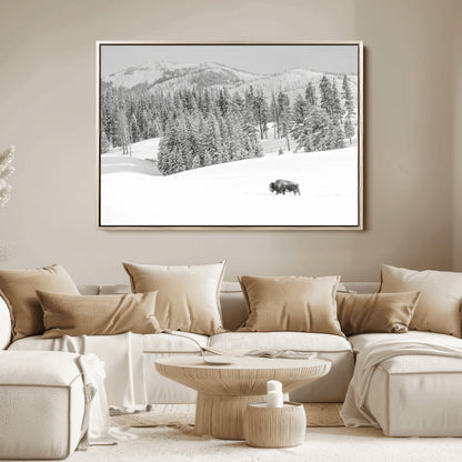 Snowy bison walking through white forest landscape, ideal for monochrome winter or wilderness-style interior wall decoration.