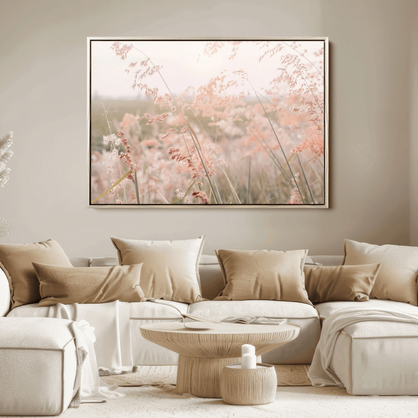 Soft pastel field with wild grasses in warm light, ideal for minimal nature or airy countryside-inspired interior wall decoration.