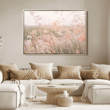 Soft pastel field with wild grasses in warm light, ideal for minimal nature or airy countryside-inspired interior wall decoration.
