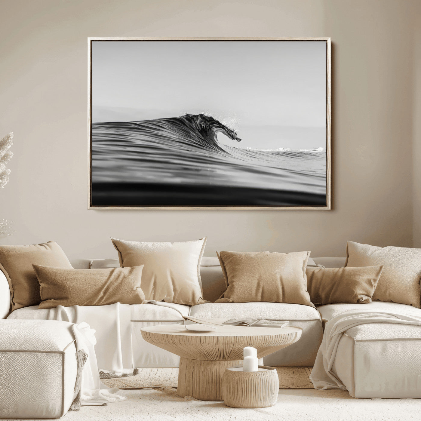 Striking black and white photo of a curling wave, ideal for modern coastal or minimalist wall decor settings.
