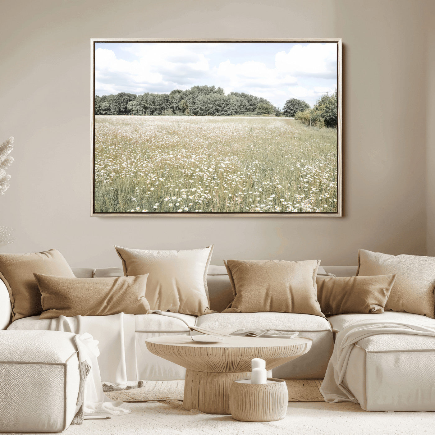 Soft-toned image of a wild daisy field under a cloudy sky, ideal for neutral or Scandinavian-inspired home decor.