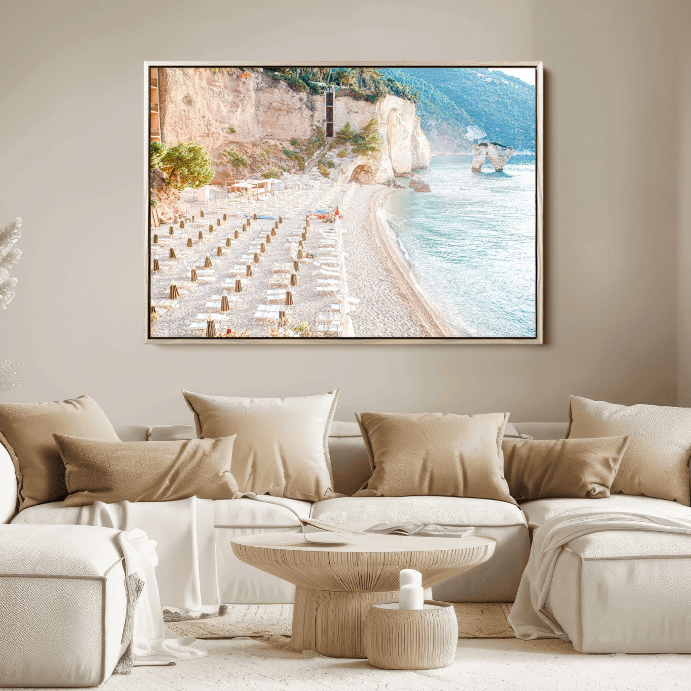 Wall art of a calm Mediterranean beach with rows of sun loungers and umbrellas in soft pastel tones, perfect for light coastal or vacation-themed decor.