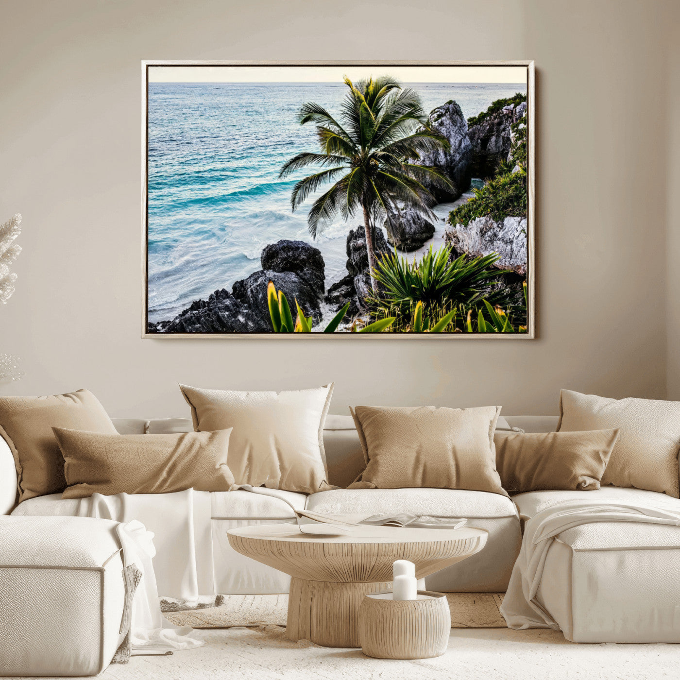 Framed canvas of a vibrant tropical coastline with palm trees, rocky cliffs, and turquoise waters, ideal for tropical coastal home decor.