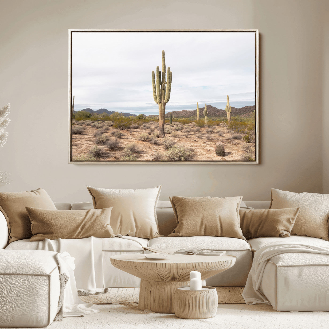 Canvas of a saguaro cactus in an earthy Sonoran desert landscape, ideal for Southwestern Boho or desert minimalism inspired home decor.   2/2