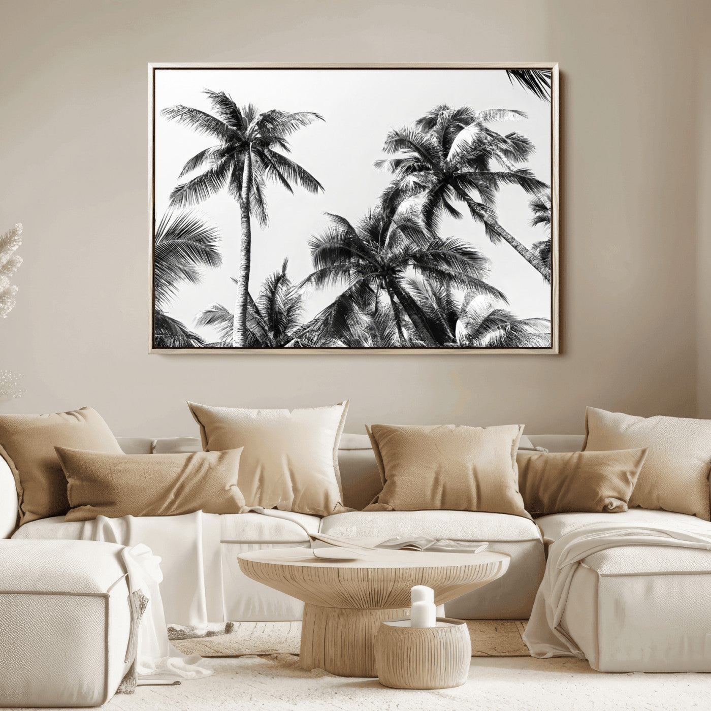 Black and white canvas of tall palm trees in moody tones, perfect for modern tropical minimalist or coastal-style home decor.