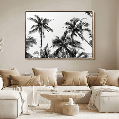Black and white canvas of tall palm trees in moody tones, perfect for modern tropical minimalist or coastal-style home decor.