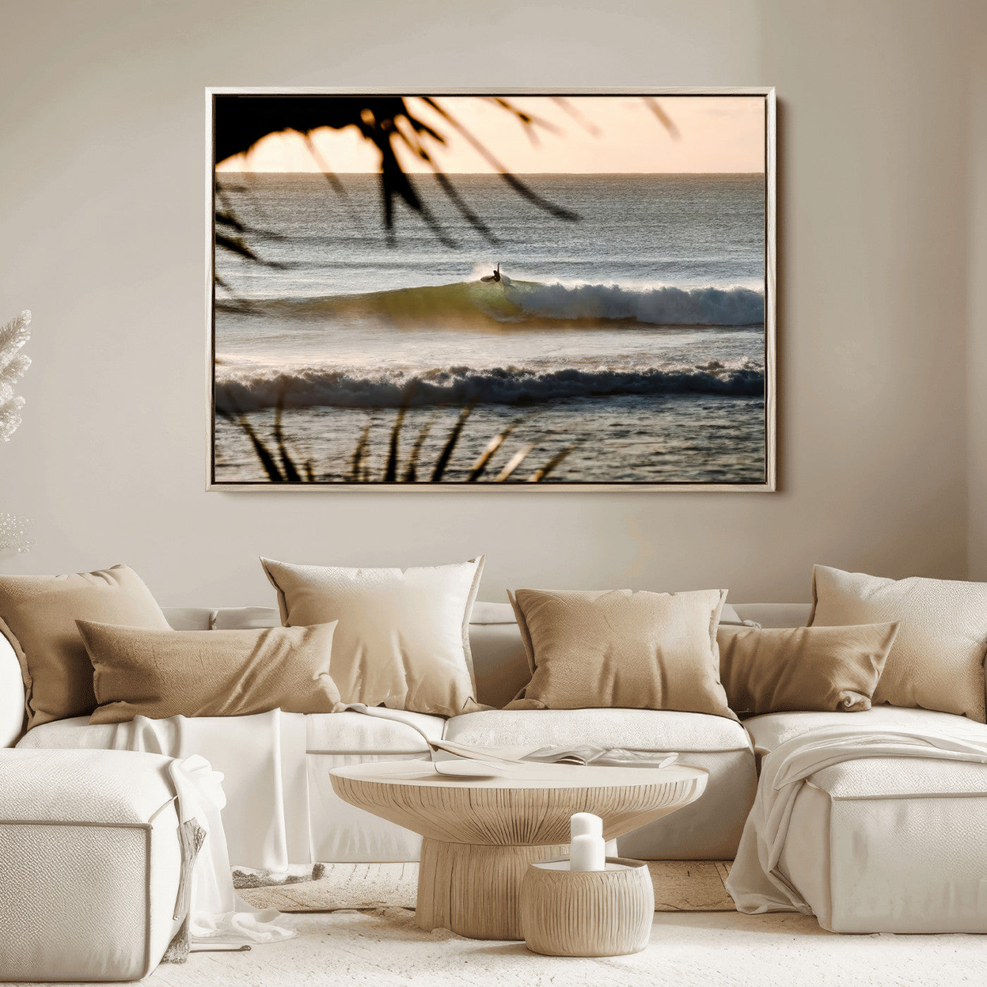 Photo of a surfer riding a golden hour wave at sunset, with tropical tones and dreamy light, perfect for tropical boho or coastal home decor.