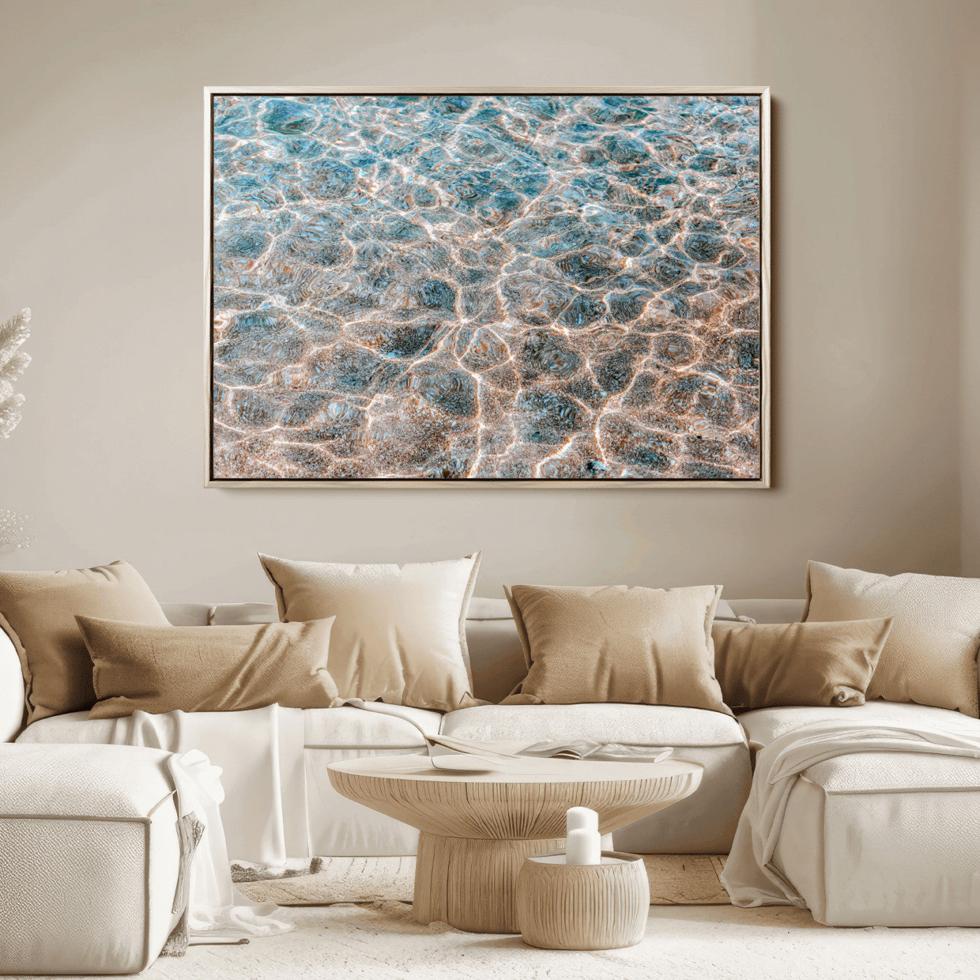 Close-up of sunlit ocean ripples with aqua blue and golden tones, ideal for modern coastal or minimalist home decor.