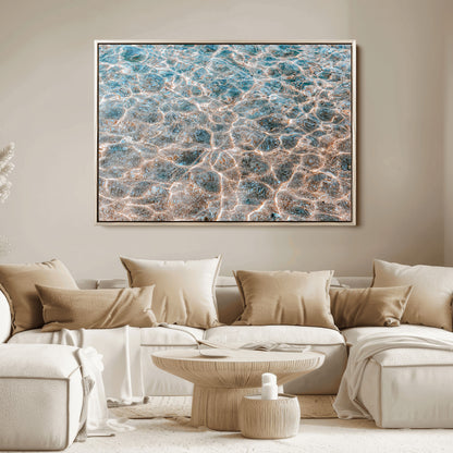 Close-up of sunlit ocean ripples with aqua blue and golden tones, ideal for modern coastal or minimalist home decor.