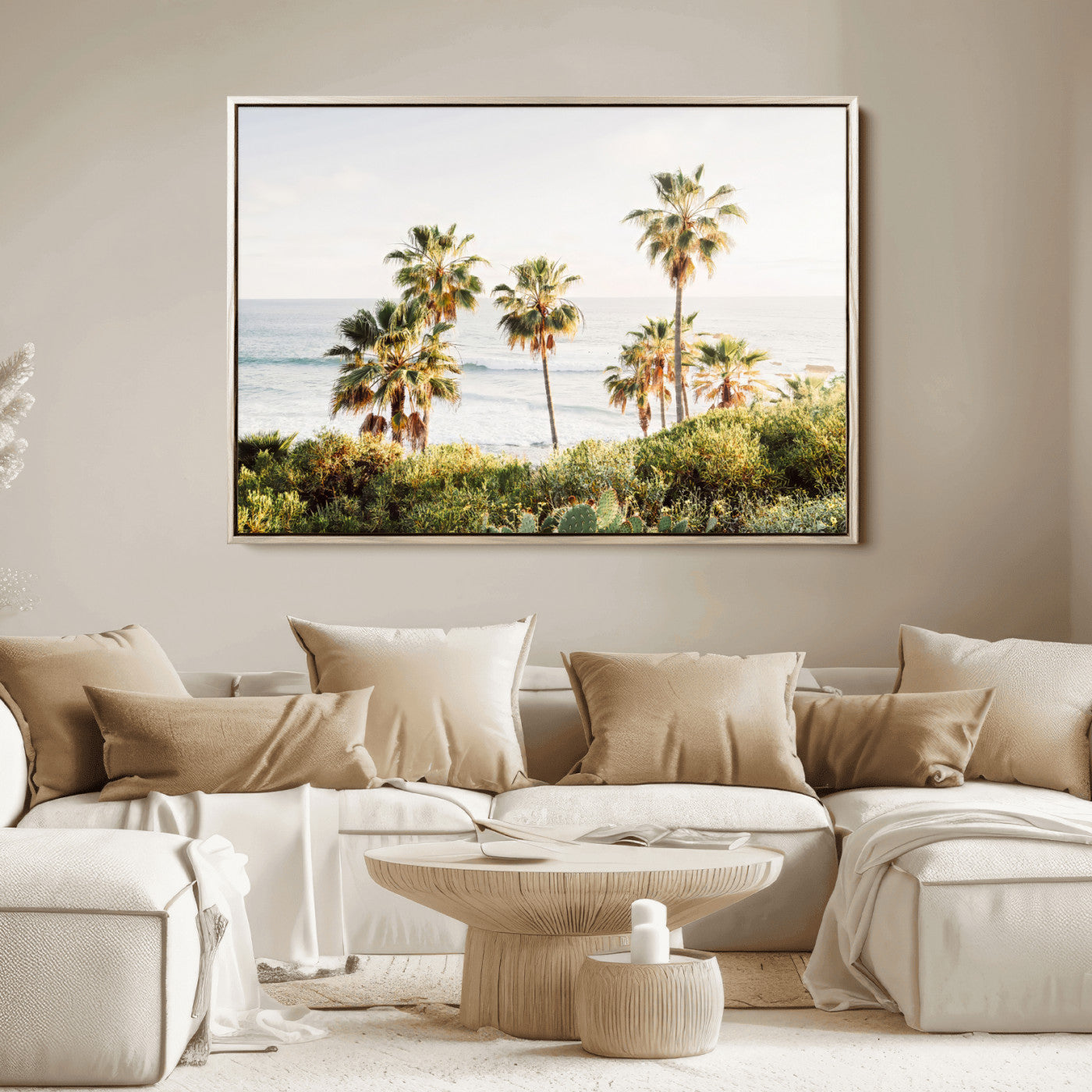Framed print of sunlit palm trees on the California coast with warm tones, perfect for coastal minimalist or beach-style home decor.