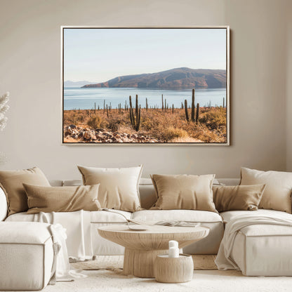 Warm desert landscape with cacti and coastal mountains, perfect for southwestern or earthy calm-themed home wall decor.