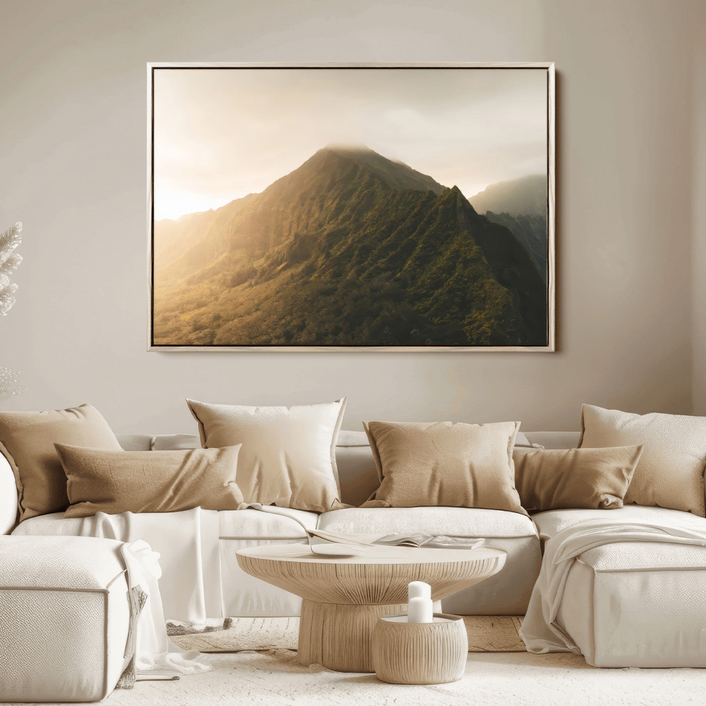 Sunlit mountain peak with mist rolling over its rugged slopes, bathed in golden light, creating a warm and tranquil nature-inspired scene.