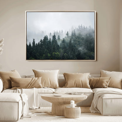 A misty evergreen forest shrouded in soft fog, creating a tranquil and moody landscape with lush green trees fading into the distance.