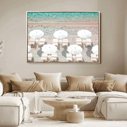 A bright beach scene with white umbrellas, pastel sand, and turquoise waters, creating a tranquil coastal vibe, perfect for beach house or summer decor.