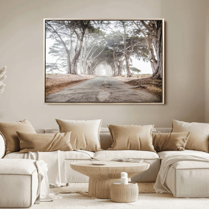 Canvas of a misty tree tunnel with arching cypress trees and an earthy road, ideal for rustic or coastal nature decor.