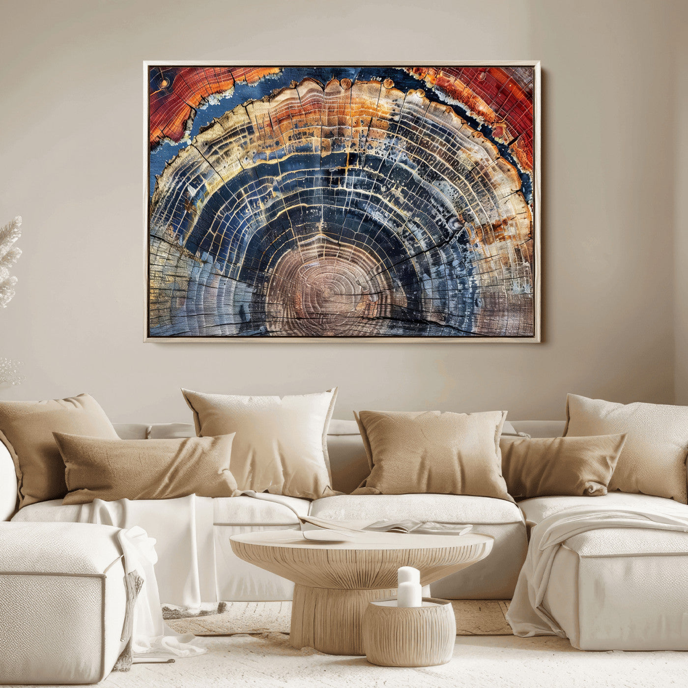 Vibrant tree ring with orange, brown, and blue tones in abstract detail, perfect for rustic or boho-inspired wall decor.
