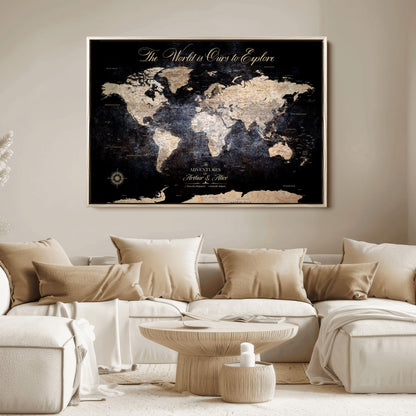 '-Customize Push Pin World Map Wall Canvas Print, Personalized Travel Tracker with Pins, Framed Large Canvas for Home Office Decor - H37