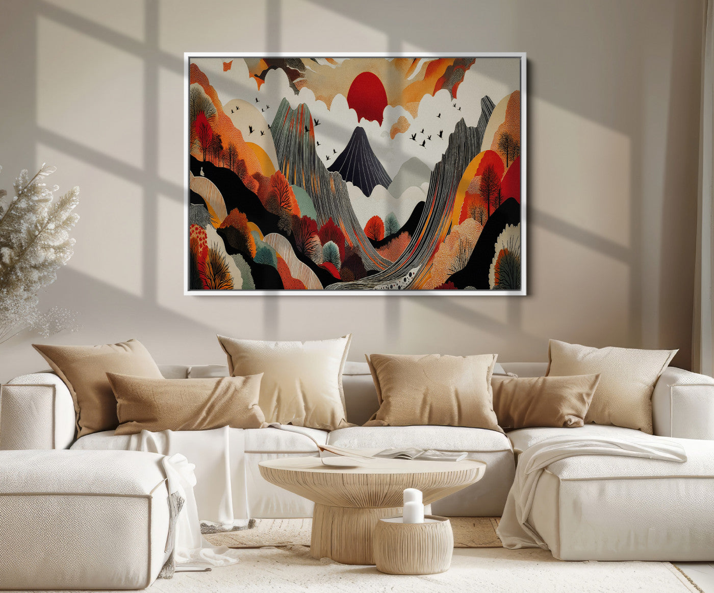 Abstract Mountain Wall Art Canvas Print, Vibrant Landscape Print, Framed Stylized Nature Drawing Art Print, Large Sunset Mountains Printing Perfect for Contemporary Minimalist Decor