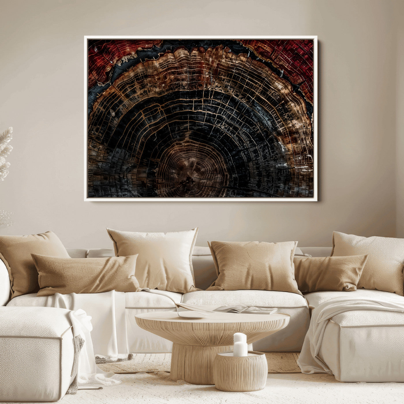 Dark Wood Wall Art Print - Petrified Tree Canvas Print, featuring an intricate tree ring pattern with deep earthy tones and organic textures, perfect for rustic and nature-inspired decor.
