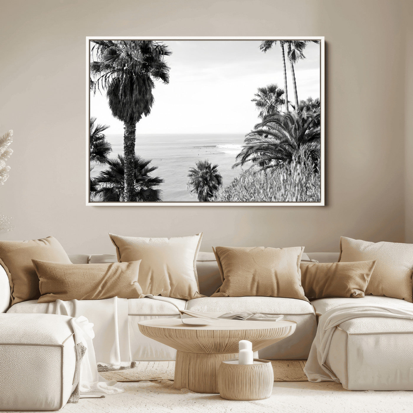 Monochrome canvas of palm trees framing a coastal surf scene, perfect for California-inspired or retro black-and-white beach decor.