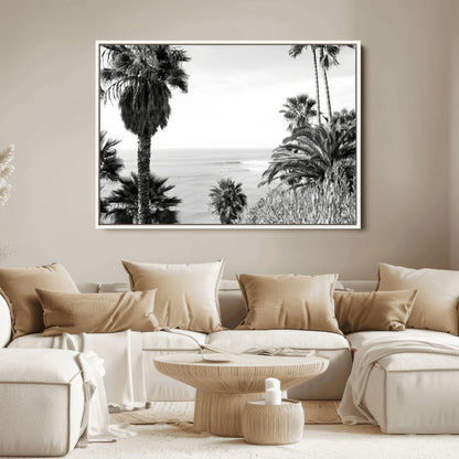 Monochrome canvas of palm trees framing a coastal surf scene, perfect for California-inspired or retro black-and-white beach decor.