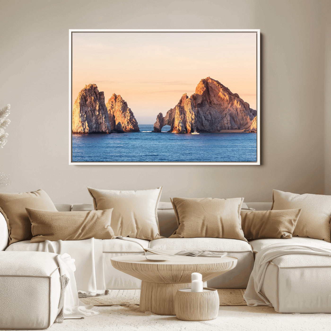 Framed canvas of El Arco rock formation in Cabo San Lucas at golden hour, ideal for coastal landmark or ocean-inspired decor.