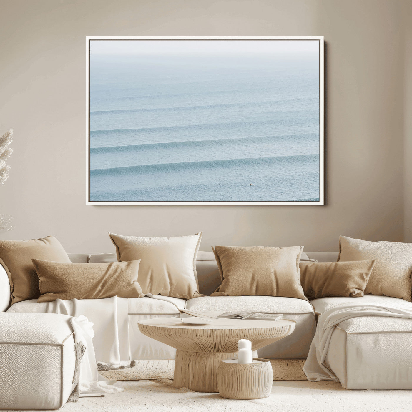 Framed canvas of repeating ocean waves with a distant solo surfer, ideal for minimalist ocean or calm coastal wall decor.