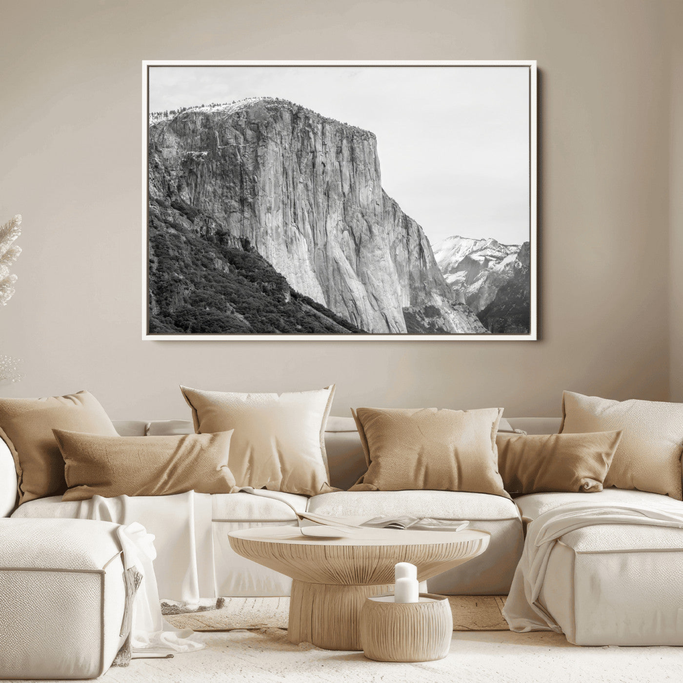 Monochrome canvas of El Capitan’s granite wall in Yosemite with snowy peaks, ideal for dramatic mountain or black-and-white nature decor.