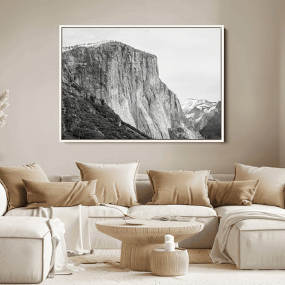 Monochrome canvas of El Capitan’s granite wall in Yosemite with snowy peaks, ideal for dramatic mountain or black-and-white nature decor.