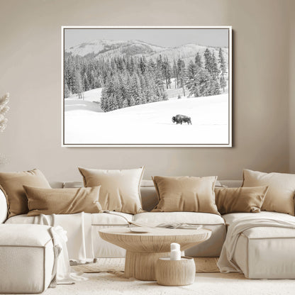 Snowy bison walking through white forest landscape, ideal for monochrome winter or wilderness-style interior wall decoration.