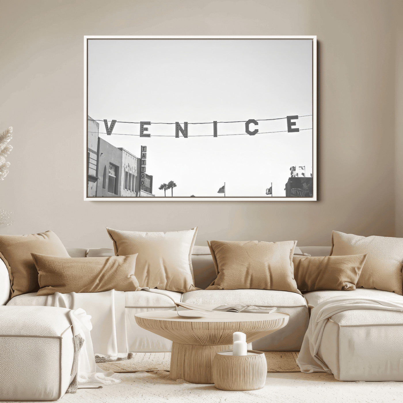 Black and white photo of Venice Beach sign and palm-lined street, perfect for urban coastal or minimalist LA-inspired wall decoration.