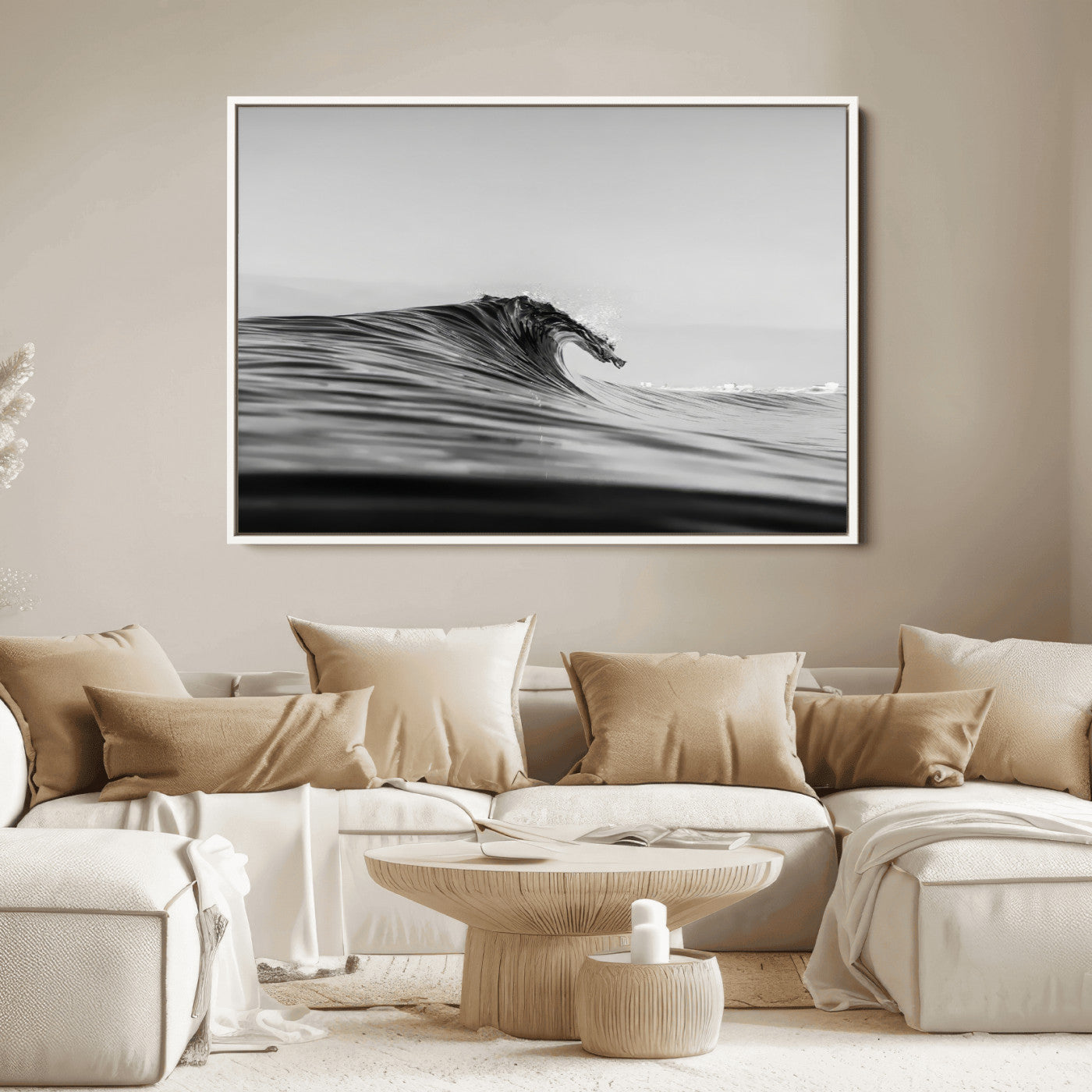 Striking black and white photo of a curling wave, ideal for modern coastal or minimalist wall decor settings.