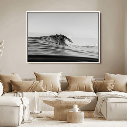 Striking black and white photo of a curling wave, ideal for modern coastal or minimalist wall decor settings.