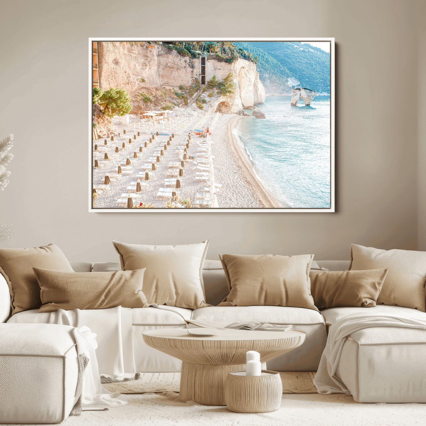 Wall art of a calm Mediterranean beach with rows of sun loungers and umbrellas in soft pastel tones, perfect for light coastal or vacation-themed decor.