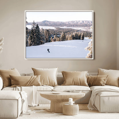 Canvas of a snowy mountain ski slope with pine trees and bright winter light, ideal for modern rustic or alpine-inspired home decor.