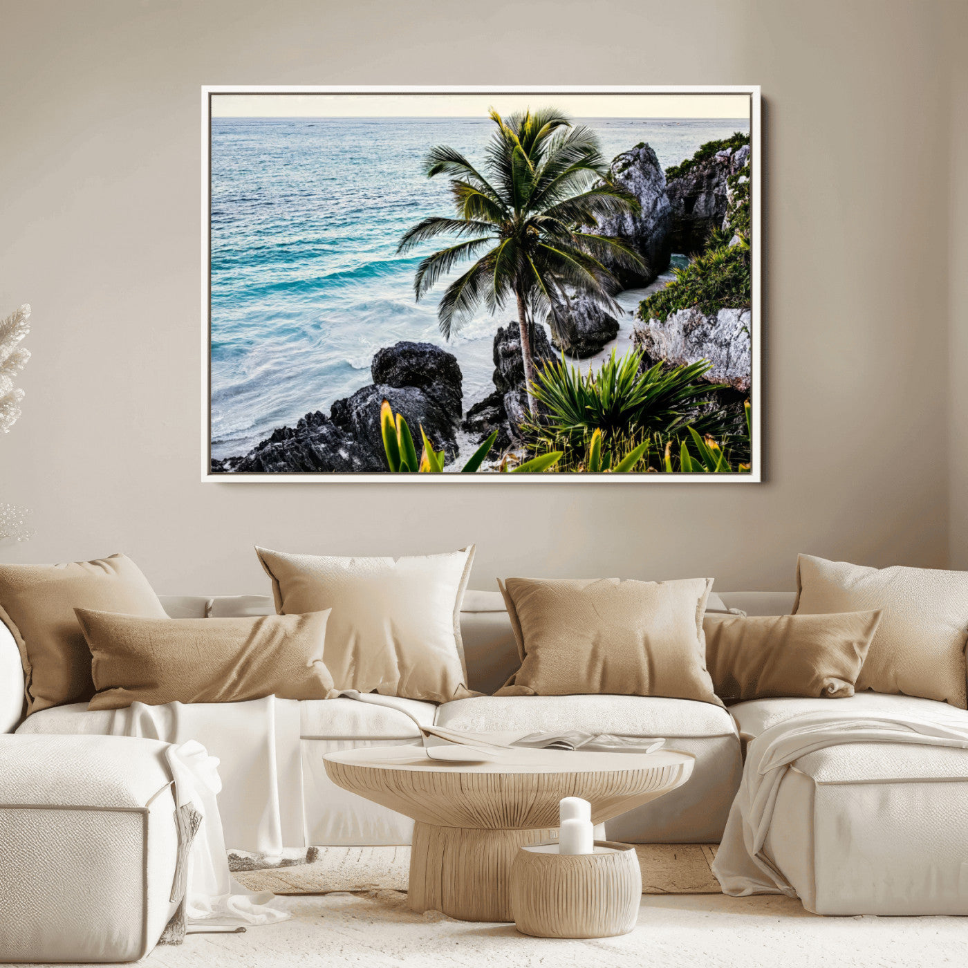 Framed canvas of a vibrant tropical coastline with palm trees, rocky cliffs, and turquoise waters, ideal for tropical coastal home decor.