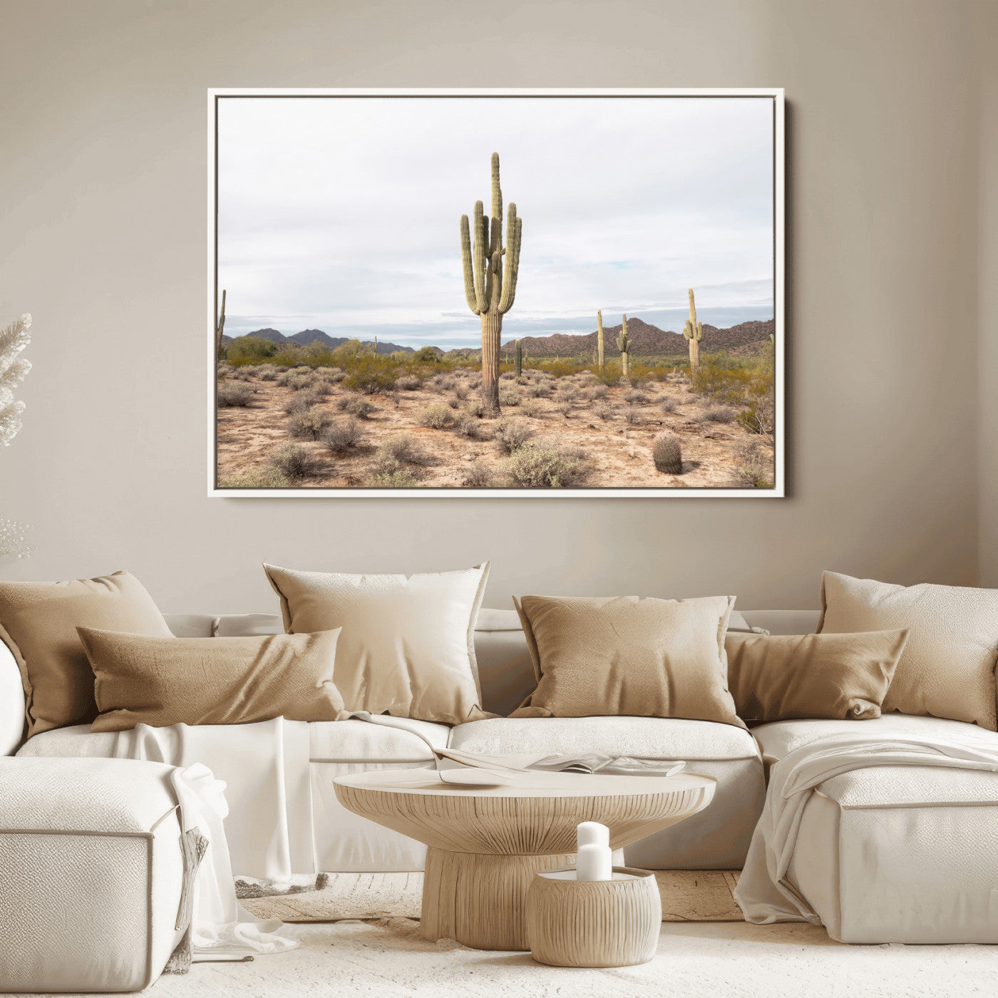 Canvas of a saguaro cactus in an earthy Sonoran desert landscape, ideal for Southwestern Boho or desert minimalism inspired home decor.   2/2