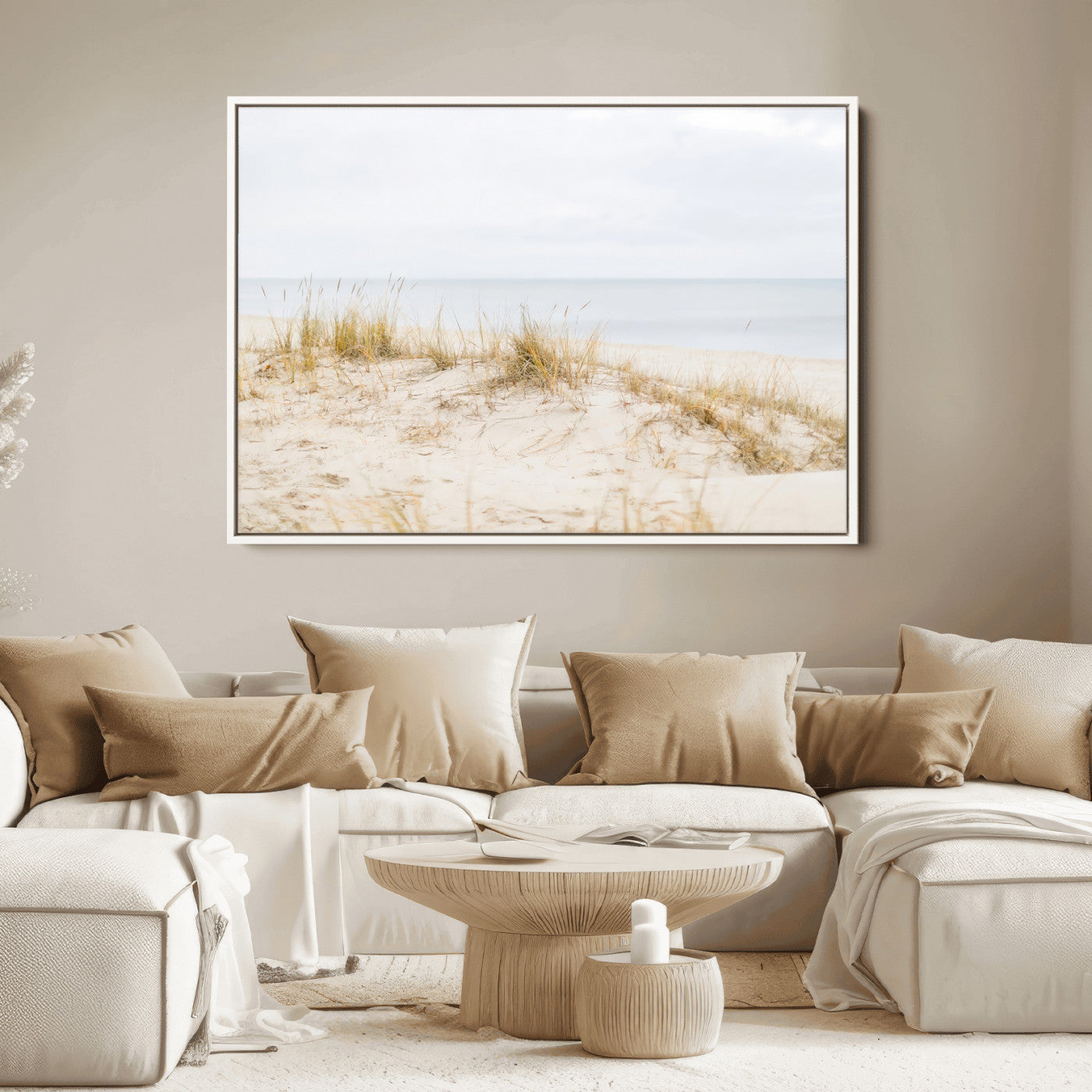 Canvas of soft beach dunes and coastal grasses in neutral tones, perfect for Scandinavian coastal or minimalist nature-inspired home decor.   2/2