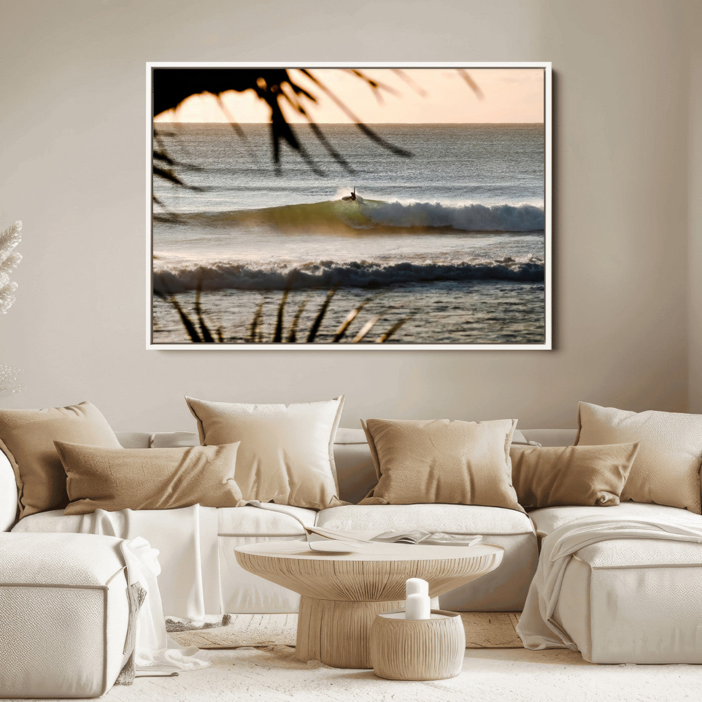 Photo of a surfer riding a golden hour wave at sunset, with tropical tones and dreamy light, perfect for tropical boho or coastal home decor.