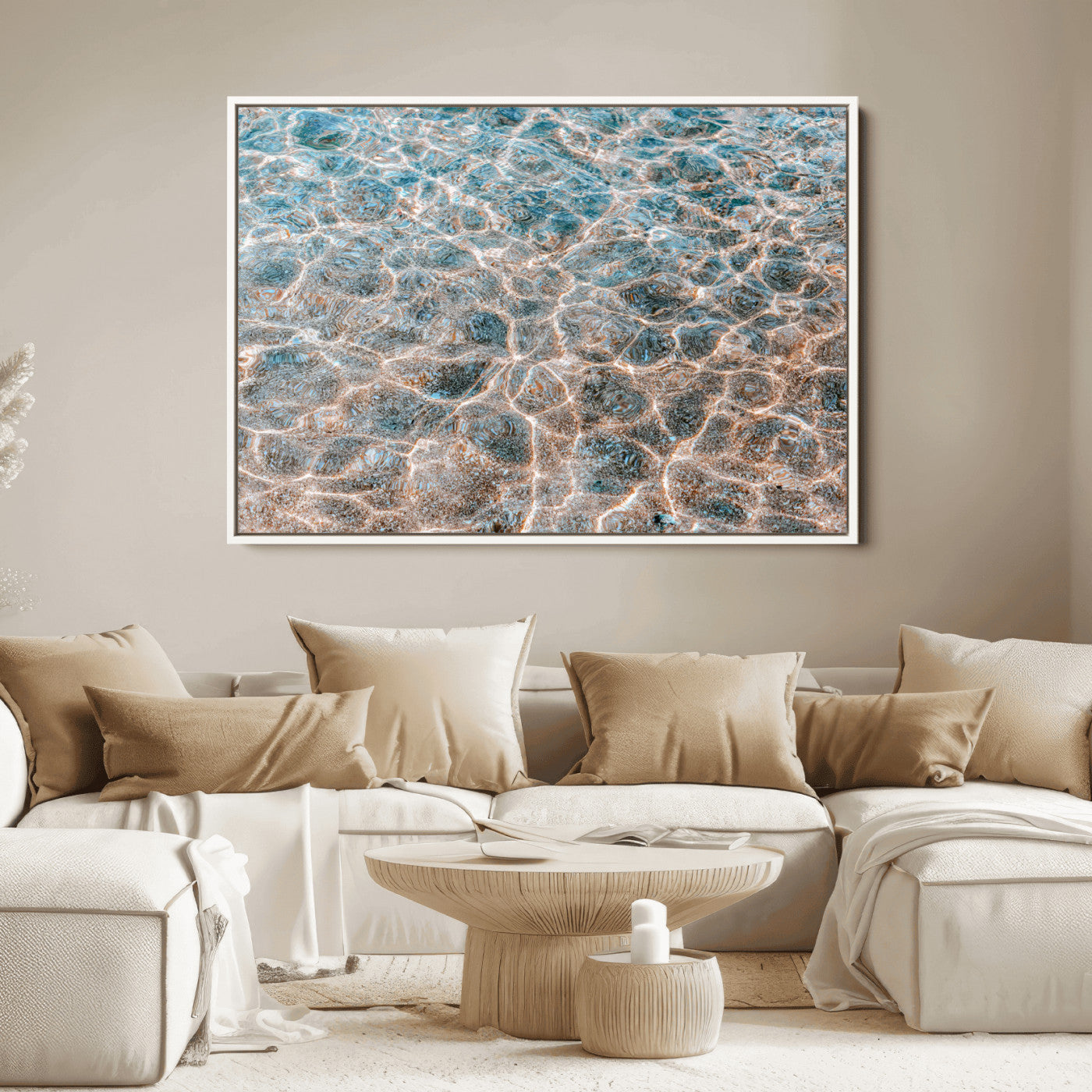 Close-up of sunlit ocean ripples with aqua blue and golden tones, ideal for modern coastal or minimalist home decor.