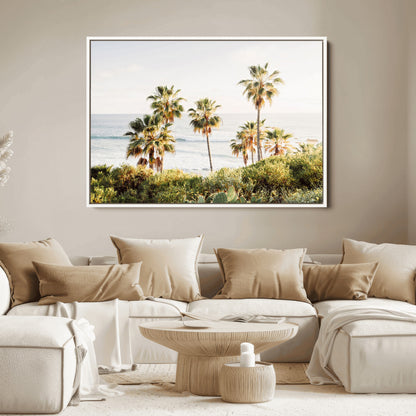 Framed print of sunlit palm trees on the California coast with warm tones, perfect for coastal minimalist or beach-style home decor.