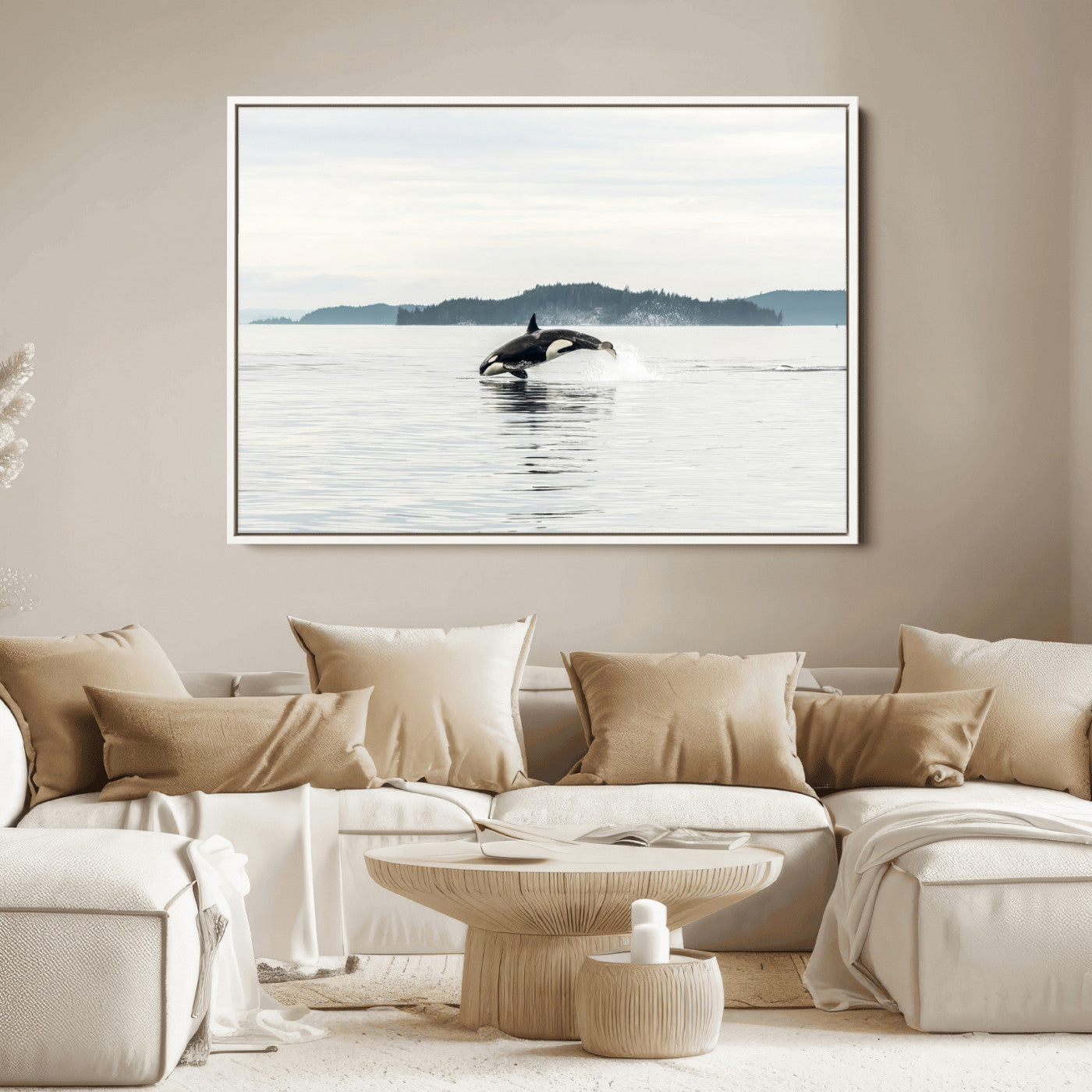 An orca jumping out of calm ocean waters with a misty island in the background, creating a serene and minimalist marine wildlife scene.