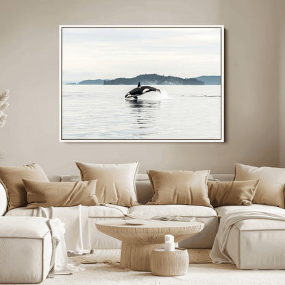 An orca jumping out of calm ocean waters with a misty island in the background, creating a serene and minimalist marine wildlife scene.