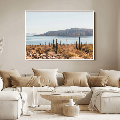 Warm desert landscape with cacti and coastal mountains, perfect for southwestern or earthy calm-themed home wall decor.