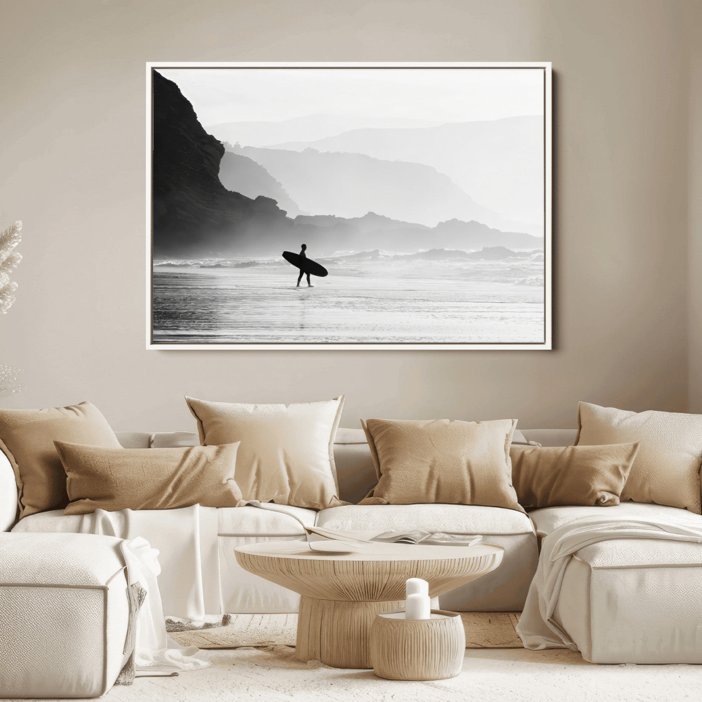 A lone surfer walking along a misty beach with cliffs in the background, carrying their board, capturing a serene and minimal ocean moment.
