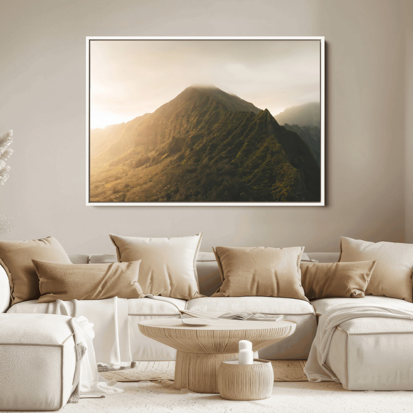Sunlit mountain peak with mist rolling over its rugged slopes, bathed in golden light, creating a warm and tranquil nature-inspired scene.